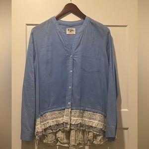 Holding Horses Blue Button-Up Top with Lace Trim
